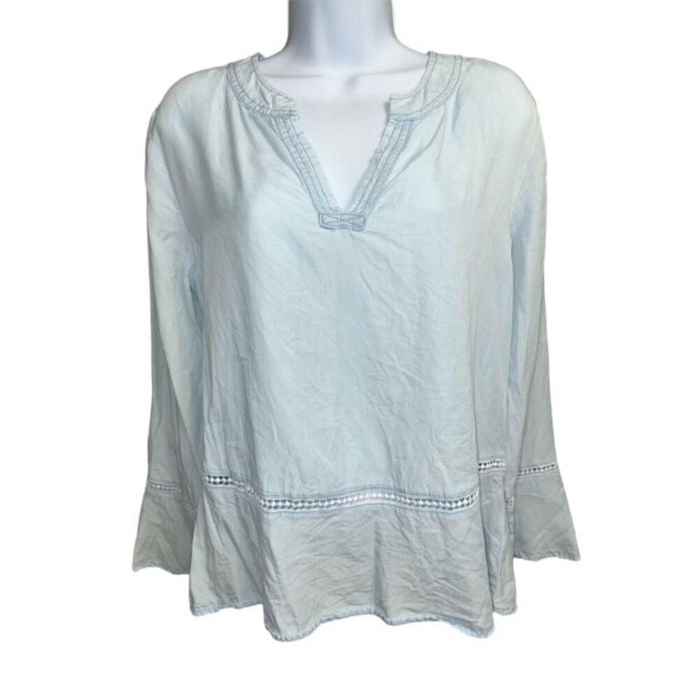 Kelly Renee Large Top Calm Light Blue Rayon Crochet Cottagecore Long Bell Sleeve